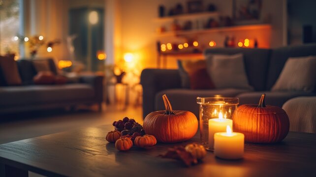 Cozy autumn living room, candles and pumpkins create warm atmosphere