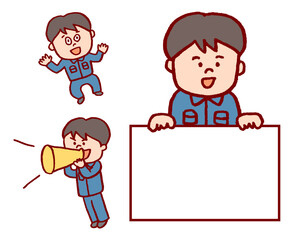 青っぽい制服を着た作業員の人物素材