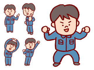 青っぽい制服を着た作業員の人物素材