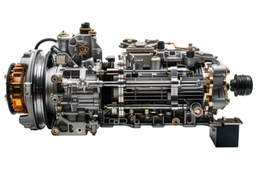 Futuristic automotive engine gearbox assembly isolated on transparent background