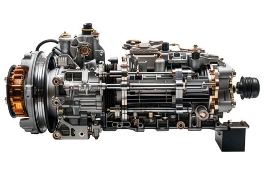 Futuristic automotive engine gearbox assembly isolated on transparent background