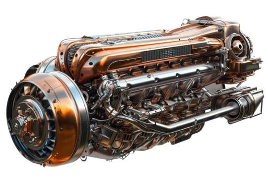 Futuristic automotive engine gearbox assembly isolated on transparent background