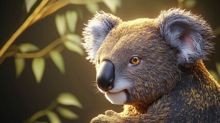 Naklejka premium Close-up of a cute koala with detailed fur and a soft background of eucalyptus leaves.
