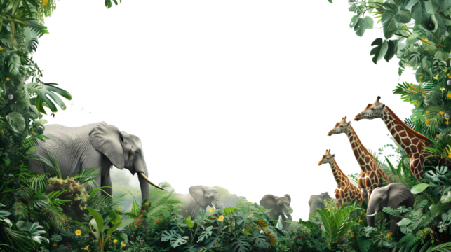 Frame scene of jungle animals like elephant, giraffe and lion on transparent background
