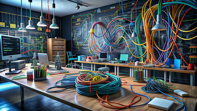 A futuristic laboratory setup with colorful cables, wires, and devices surrounded by mathematical formulas and diagrams on blackboards, illustrating complex scientific theories.