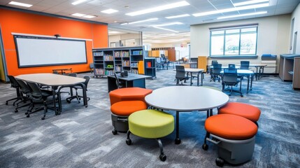 An innovative classroom setup with flexible seating arrangements, interactive whiteboards, and various learning stations, designed to foster creativity, collaboration, and student engagement in a