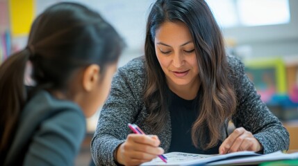 A dedicated teacher helping a student understand a difficult math problem, using visual aids and step-by-step explanations, demonstrating patience and support in fostering academic confidence and
