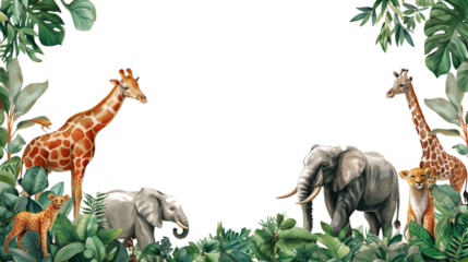 Frame scene of jungle animals like elephant, giraffe and lion on transparent background