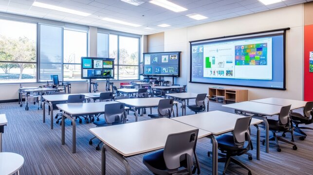 A modern classroom equipped with the latest technology, including interactive whiteboards, tablets, and other digital tools, with students and teachers seamlessly integrating these resources into
