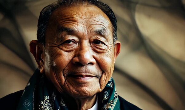 Medium shot portrait of a Chinese man in his 60s in an abstract background wearing a foulard
