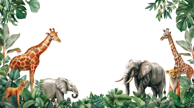 Frame scene of jungle animals like elephant, giraffe and lion on transparent background