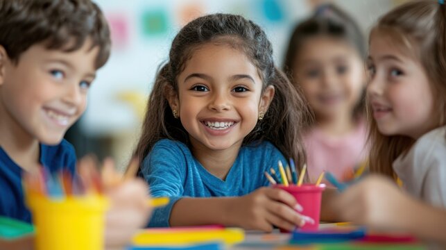 A group of elementary students enthusiastically participating in a hands-on art lesson, creating colorful projects with various materials, fostering creativity and self-expression in a supportive and