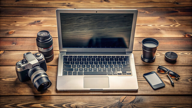 Modern silver laptop computer open on wooden desk surrounded by professional photography equipment including digital camera and various lenses.