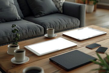 Tablet and smartphone mockup on coffee table