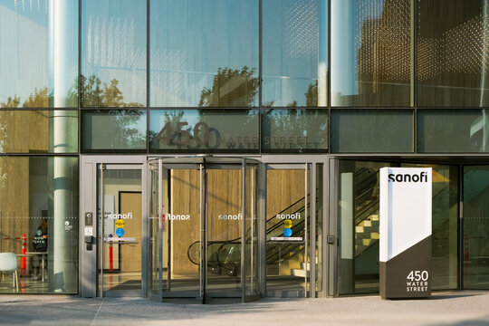 Cambridge, USA - 30 July 2024. View of Sanofi french global pharmaceutical company USA office facade with logo sign, Biotechnology industry