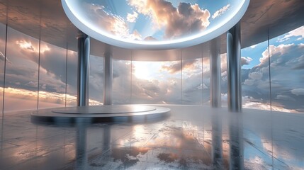 Fototapeta premium Interior of a futuristic dome with a digital sky display