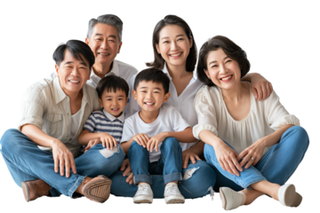 Asian family couple with children wearing white top and blue jeans isolated on transparent background