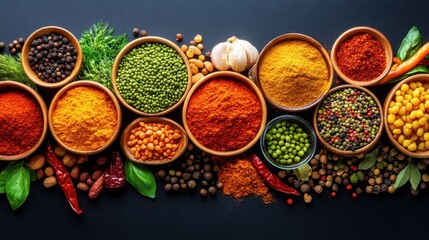 Spices and vegan dishes, plant-based cooking