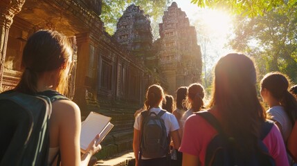 Fototapeta premium A serene and inspiring outdoor scene where a group of university students are participating in a field trip to a historical site, each student carrying notebooks and cameras, listening attentively to