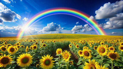 Vibrant rainbow-colored arc stretches across a bright blue sky above a blooming sunflower field, with tall yellow petals shining like miniature suns.
