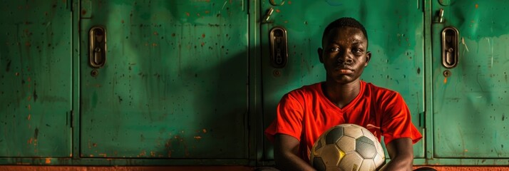 Young African athlete holding a soccer ball while seated by locker in the changing room during a break