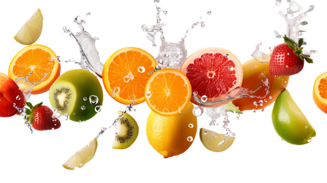 Floating fruits with splashes isolated on transparent background