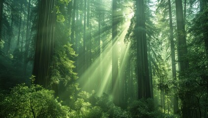 Sunbeams Filtering Through Redwood Forest
