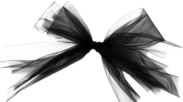 Black bow in tulle fabric net isolated on transparent background