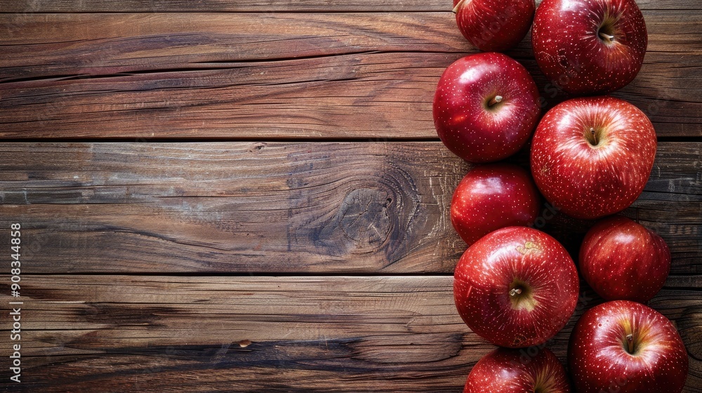 Aufkleber fresh red apples on wooden table with space for text viewed from above