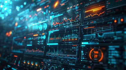 Obraz premium A computer screen displaying cryptocurrency mining software, hightech and detailed, vibrant and dynamic, blue tones, digital painting