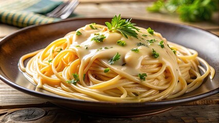 Closeup of creamy melted cheese in a spaghetti pasta meal. Delicious homemade macaroni dinner or lunch, Italian traditional gourmet plate, restaurant menu