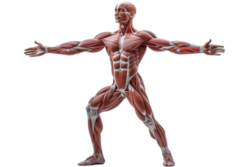 Bodybuilder showing internal muscle anatomy isolated on transparent background
