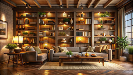 Cozy living room with floor-to-ceiling wooden shelves filled with decorative vases, framed photos, and vintage books, surrounded by warm lighting and plush furniture.