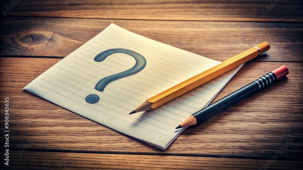 Fototapete Text question mark how written on the table next to a pencil. Answer the solution to the problem, FAQ sign information, business help and communication concept, questionnaire message