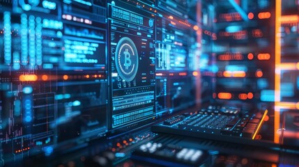 Obraz premium A computer screen displaying cryptocurrency mining software, hightech and detailed, vibrant and dynamic, blue tones, digital painting