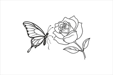 Obraz premium Butterfly and Rose flower outline illustration for coloring book