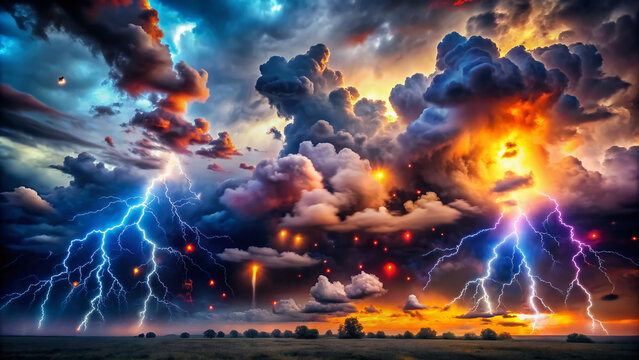 Dramatic stormy weather background with dark clouds and lightning bolts, featuring a collection of colorful abstract icons scattered across the ominous sky.