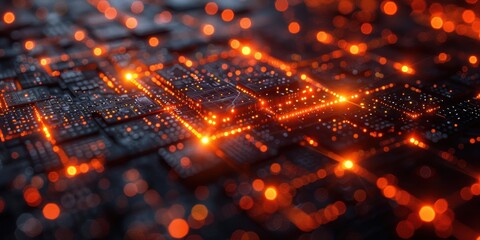 Obraz premium Abstract Digital Circuitry with Glowing Orange Lights