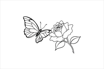 Butterfly and Rose flower outline illustration for coloring book
