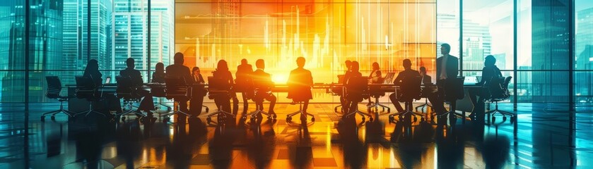 A corporate team in a boardroom during a meeting, discussing graphs and charts on a large screen, Business attire, Digital Art, High contrast, Dynamic setting