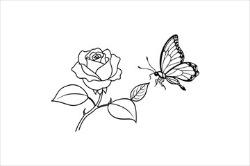 Obraz premium Butterfly and Rose flower outline illustration for coloring book