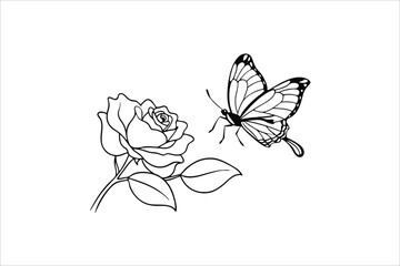 Obraz premium Butterfly and Rose flower outline illustration for coloring book