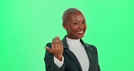 Black woman, pointing and choice for face on green screen to welcome, news announcement and recruitment decision. Happy, female person and hand sign of hiring, interview and promotion for opportunity