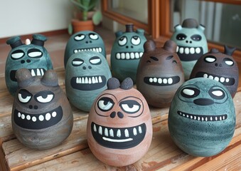 Collection of Handmade Painted Ceramic Figures with Expressive Faces Displayed on a Wooden Surface in a Modern Home Setting