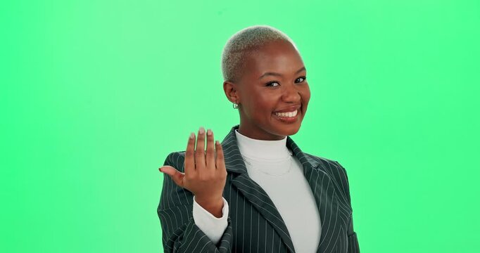 Black woman, pointing and choice for face on green screen to welcome, news announcement and recruitment decision. Happy, female person and hand sign of hiring, interview and promotion for opportunity