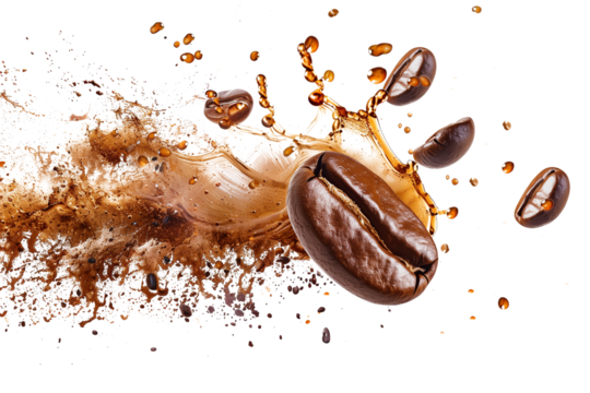Selected coffee beans with floating splashes isolated on transparent background