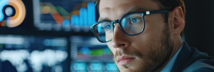 Focused young CEO in his thirties wearing glasses analyzing computer screen contemplating problem solving reviewing digital report devising growth strategy in contemporary office