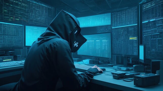 a masked hacker with multiple computer screens displaying codes and data