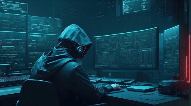 a masked hacker with multiple computer screens displaying codes and data