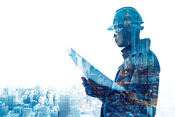 Construction engineer in double exposure above city and construction site isolated on transparent background